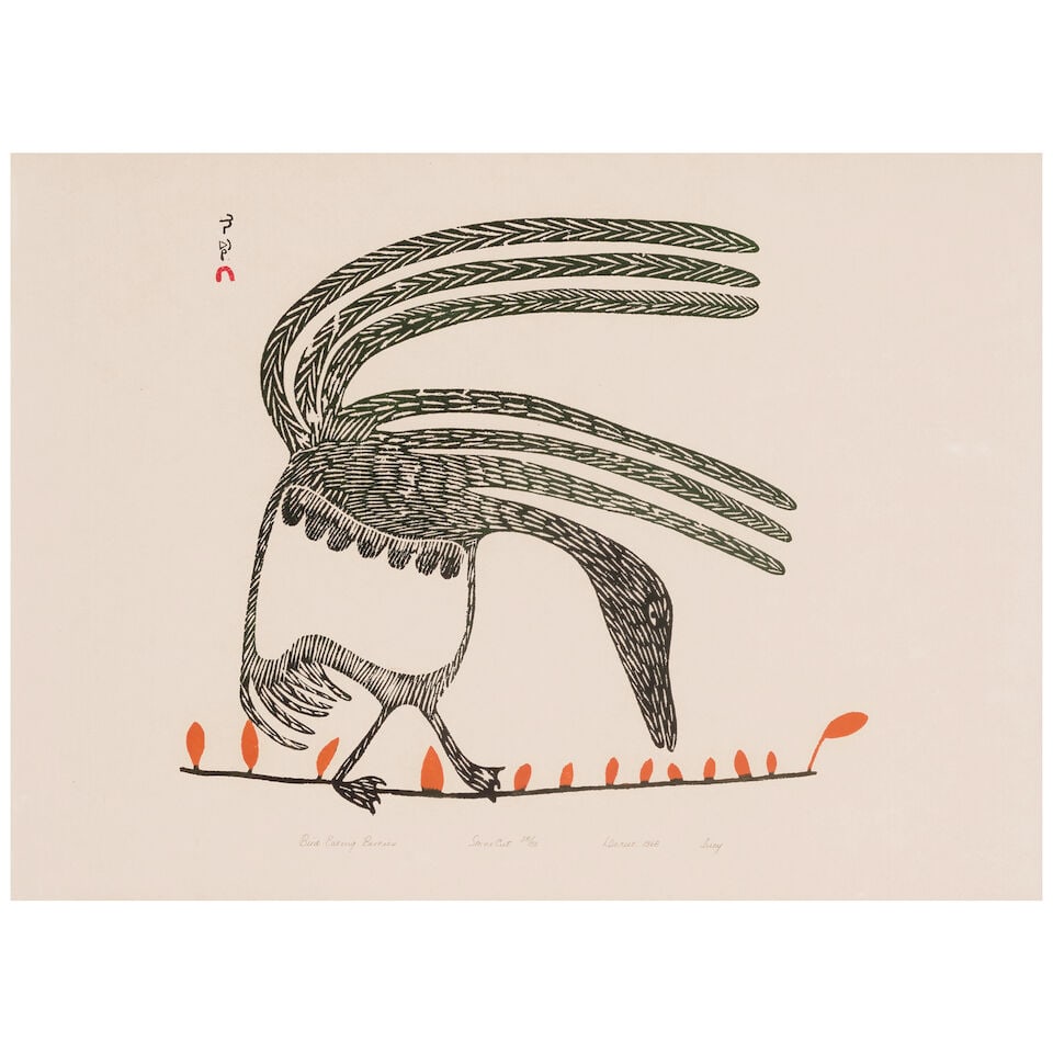 A Lucy Qinnuayuak stonecut, 'Bird Eating Berries', 1968 - 2