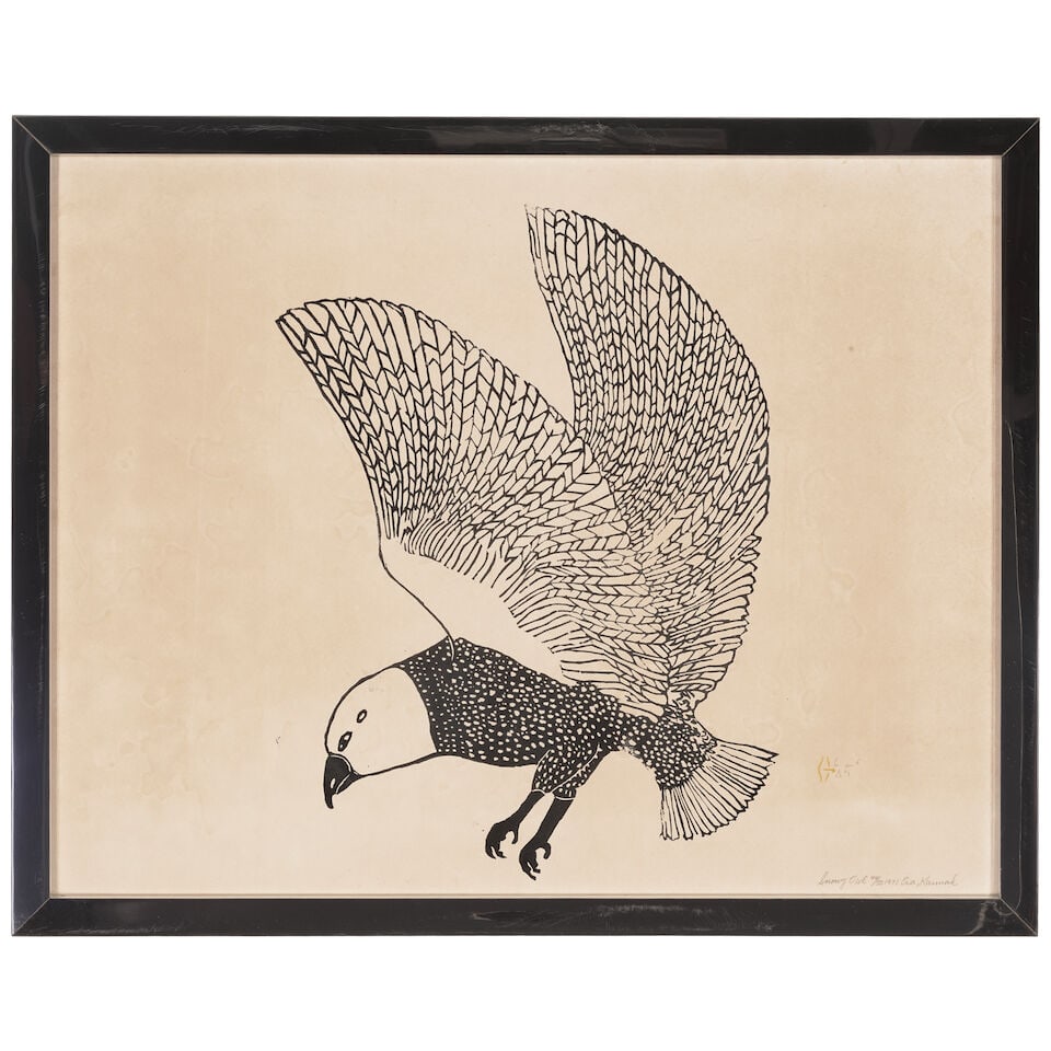 Two stonecut prints: Marjorie Esa, 'Snowy Owl,' 1971; and Eliyakota Samualie, 'Snowbird,' 1970: Marjorie Esa and Eliyakota Samualie Inuit, Qamani'tuaq (Baker Lake), (b. 1934); and Inuit, Kinngait (Cape Dorset), (1939-1987), two stonecuts: the first, 'Snowy Owl,' 1971, edition 44 of 50, titled, d