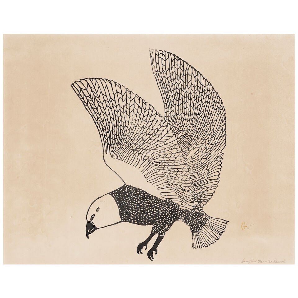 Two stonecut prints: Marjorie Esa, 'Snowy Owl,' 1971; and Eliyakota Samualie, 'Snowbird,' 1970 - 4