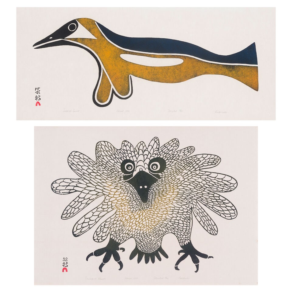 Two Inuit prints: Kingmeata Etidlooie, 'Seabird Spirit', and Etidlooie Etidlooie, 'Enraged Hawk' (1 of 5)