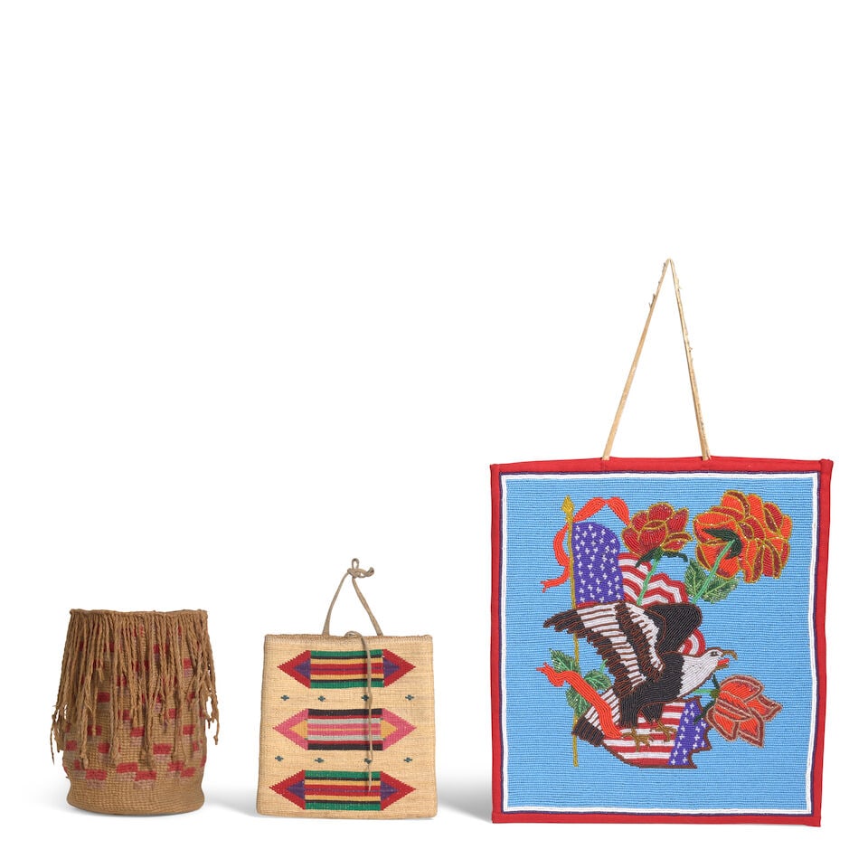 Three Plateau bags: Three Plateau bags Including a Martha Johnny (Wanapum, 20th century) beaded flat bag with American symbols and flowers, a polychrome corn husk flat bag, and a Yakima or Wasco fringed sally bag. flat