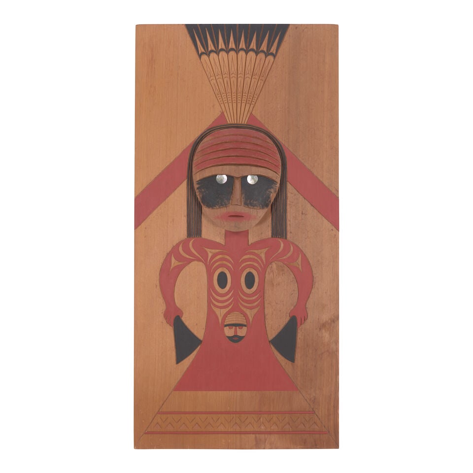 A Joe David carved panel, 1997: Joe David Nuu-chah-nulth/Tla'oquiaht, (b. 1946), a carved and painted cedar panel, 1997, possibly titled 'Coast Salish House Board: My Grandmother's Story', signed and dated verso. size approximately