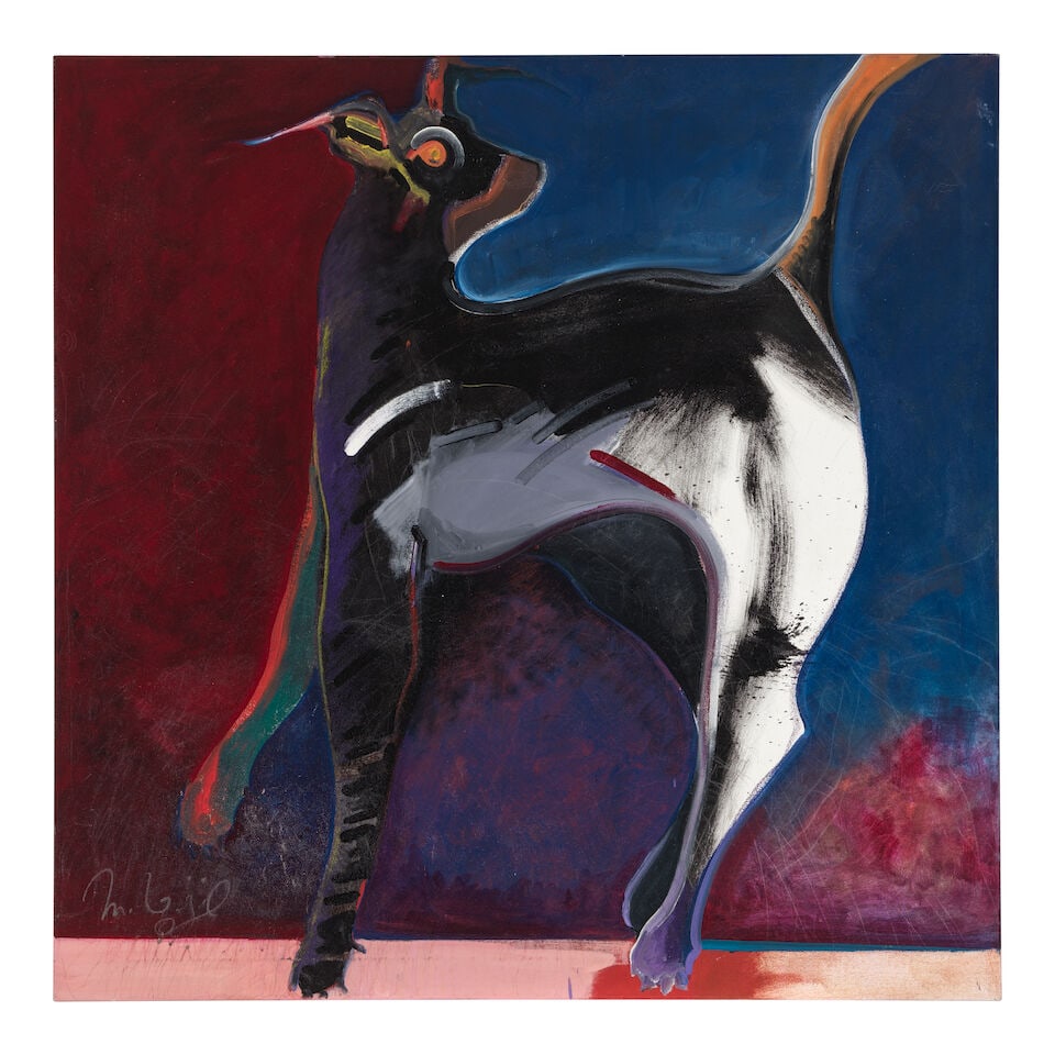 A Michael Vigil painting, 'Stage Left, Exit Right': Michael Vigil Pueblo/Hispanic, (1958-2023), 'Stage Left, Exit Right,' acrylic on canvas, signed lower right: M. Vigil, signed again verso and titled along the fold over edge. height 50in, width 50
