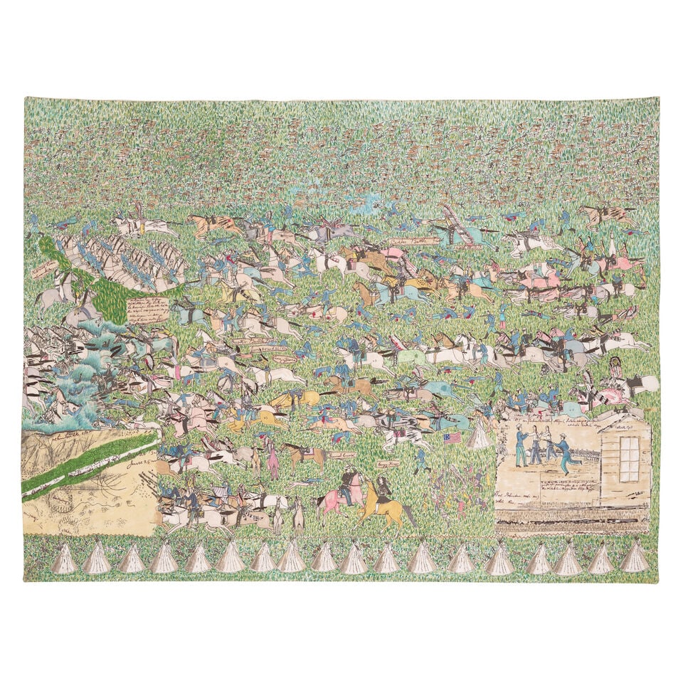 A pictographic depiction of the Battle of Little Bighorn in the manner of Amos Bad Heart Bull: The Battle of Little Bighorn In the manner of Amos Bad Heart Bull 20th century, apparently unsigned, embroidery floss and pigment on muslin or canvas, a pictographic depiction of the historic June