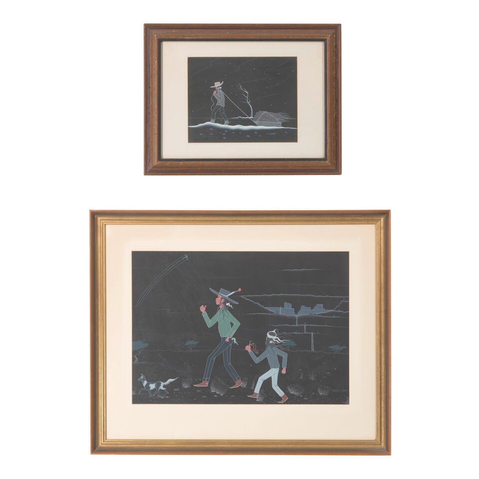Two Robert Chee paintings: Robert Chee Diné (Navajo), 1937-1971, two works, each gouache on black paper framed under glass, the first depicting two young boys and a goat; the second depicting a man hauling firewood, each