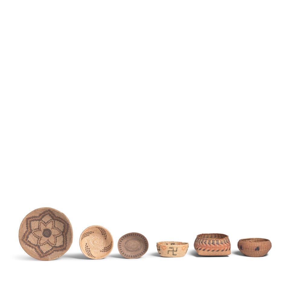 Six petite Native American baskets: Six petite Native American baskets Comprising a fine Western Mono oval basket, length 4 1/2in; a Paiute single-rod polychrome basket, diameter 5 1/4in; two Havasupai examples, one an oval polychrome