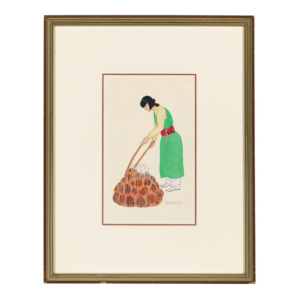 A Pablita Velarde painting: Pablita Velarde Santa Clara Pueblo, (1918-2006), Untitled, depicting a woman firing pottery, gouache on board, signed lower right, framed under Plexiglas. size (sight) 9 1/8 x 5 1/2in; as framed 16
