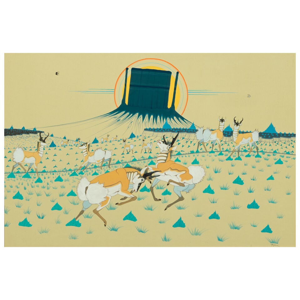 A Beatien Yazz gouache, pronghorns rutting: Beatien Yazz Diné (Navajo), (1928-2012), untitled, depicting two pronghorn males fighting as others look on, gouache on board, signed lower right, matted and framed. size (sight) 20 1/2 x 30