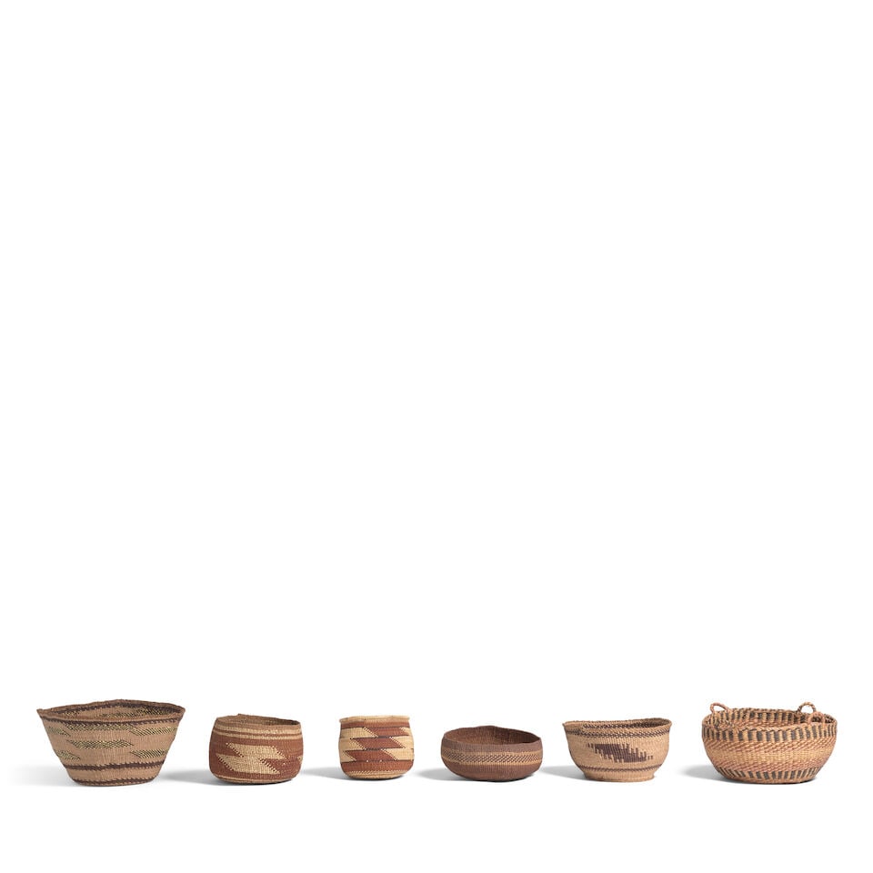 Nine West Coast twined baskets: Nine West Coast twined baskets Including Northwest California, Northeast California, and Klamath examples. diameter 4 - 8 1/2in For further information on this lot please visit Bonhams.com For