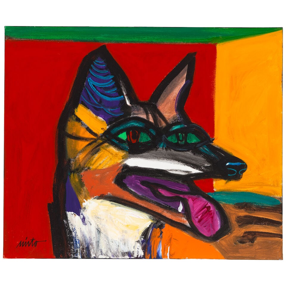 A John Nieto painting, 'Thrill of Living, (Coyote)', 2011: A John Nieto painting, Hispanic/Mescalero Apache/Diné (Navajo), (1936-2018), 'Thrill of Living, (Coyote)', 2011, acrylic on canvas, signed lower left, titled, signed and dated verso,