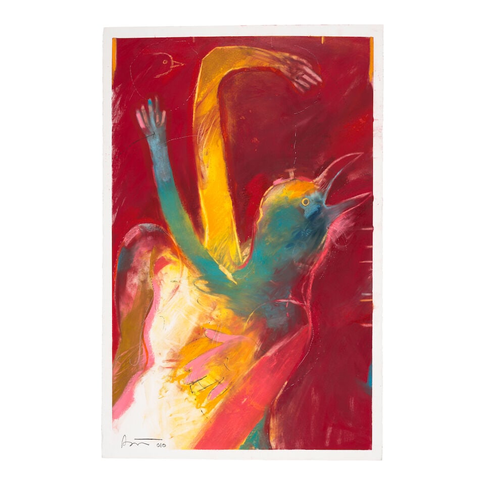 A Rick Bartow pastel drawing, Untitled, 2010: Rick Bartow Wiyot, (1946-2016), Untitled, 2010, pastel on paper, unframed, depicting a bird-headed figure with multiple arms. paper: height 39 3/4in, width 26in Footnotes: Provenance Property from a