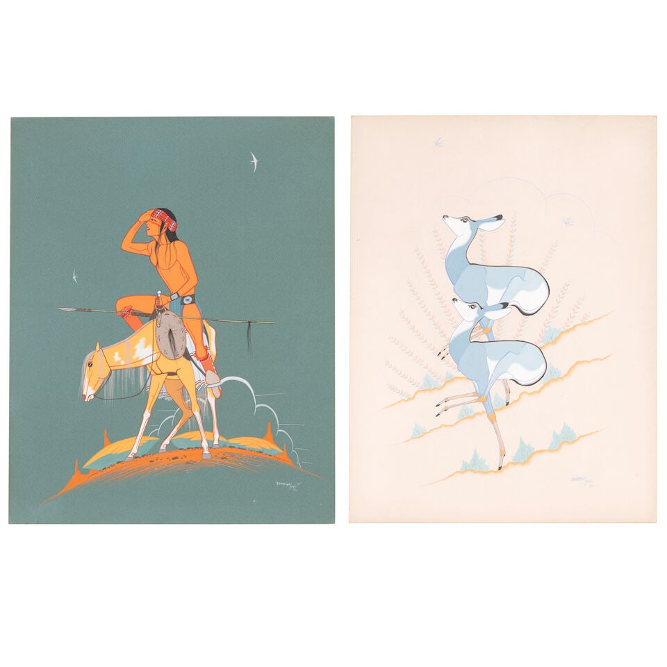 Two Beatien Yazz paintings, 'Couple Fawn Going Down Slope,' and 'Scout': Beatien Yazz Diné (Navajo), (1929-2021), 'Couple Fawn Going Down Slope,' and 'Scout,' each gouache on paper, each unframed, each signed lower right. paper: height 19 7/8in, width 15in; height 19