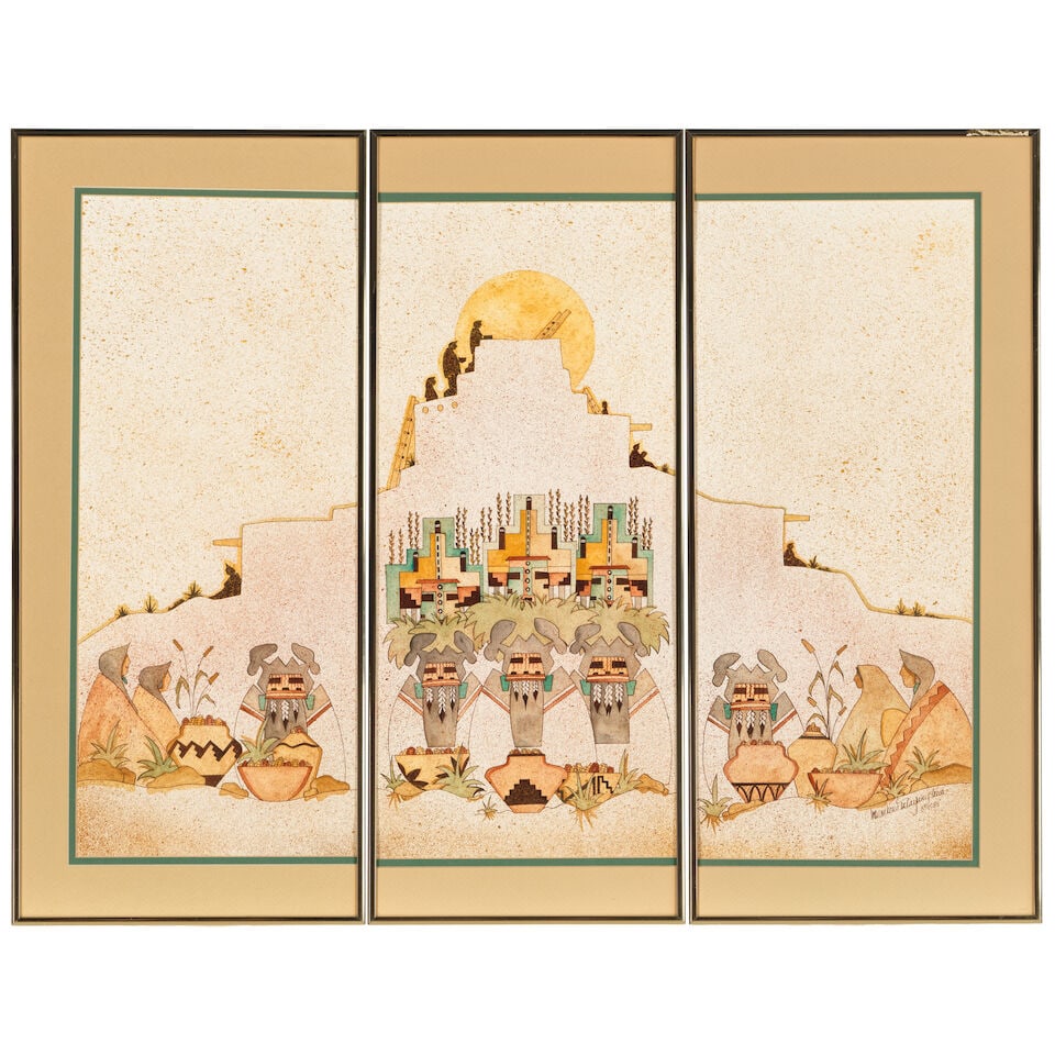 A Janeele Numkena watercolor triptych, Untitled, 1989: Janeele Numkena Hopi, (b. 1959), Untitled triptych, each watercolor on paper framed under glass, the last panel signed lower right: Numkena Talayumptewa, and dated: 1989. sights: height 21 1/4in,