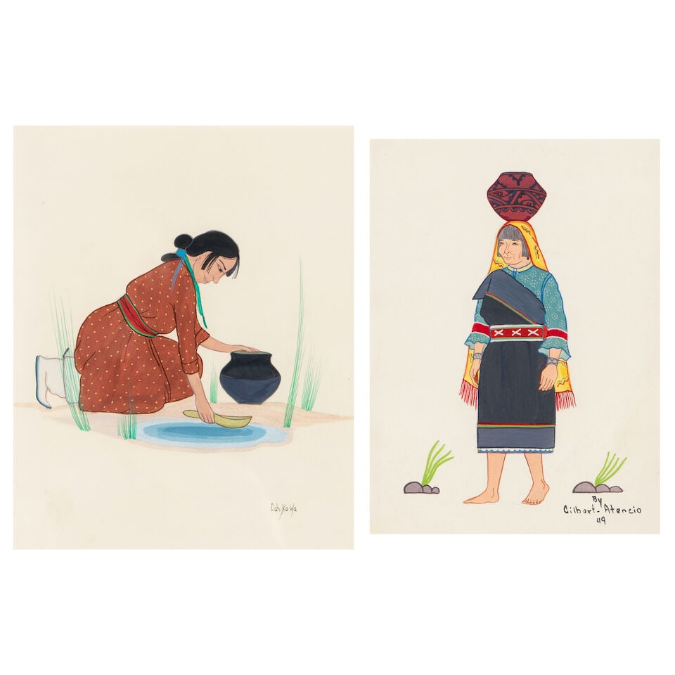 Two Pueblo paintings: Eva Mirabal (Eah-Ha-Wa) and Gilbert Atencio: Two Pueblo paintings Each depicting solitary female figures, including a woman filling an olla with water, by Eva Mirabal (Taos Pueblo, 1920 - 1968), gouache on paper, signed lower right 'Eah-Ha-Wa',