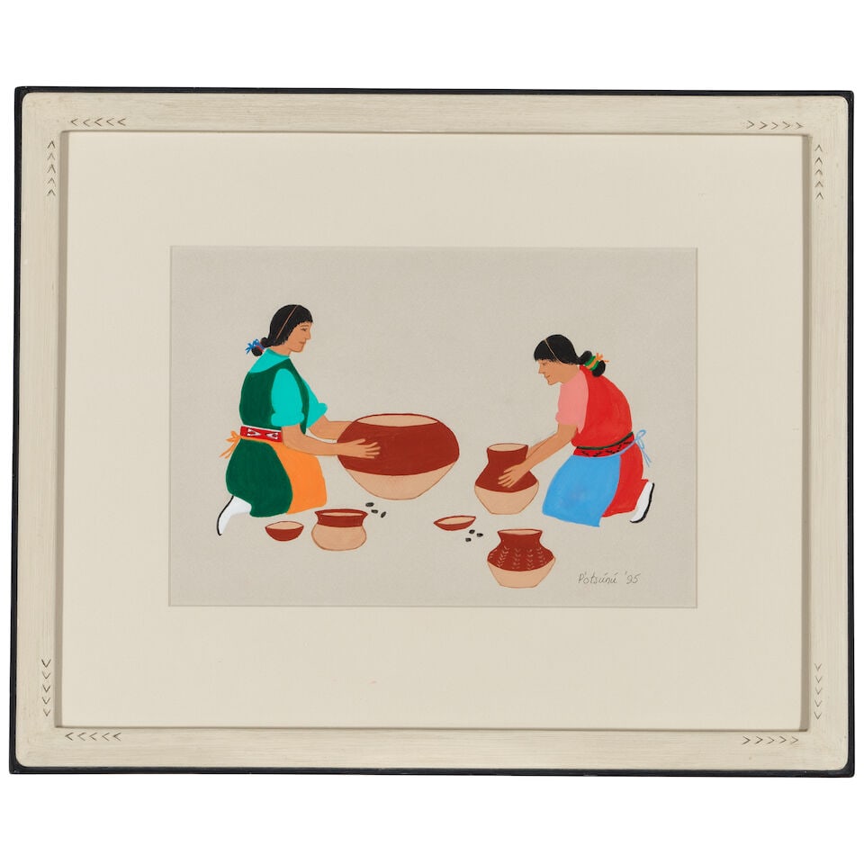 A Geronima Montoya (Potsúnú) painting, 1995: Geronima Montoya (Potsúnú) Ohkay Owingeh (San Juan Pueblo), (1915 - 2010), Untitled, depicting two women kneeling amongst ollas, gouache on paper, signed 'Potsúnú' lower right, in