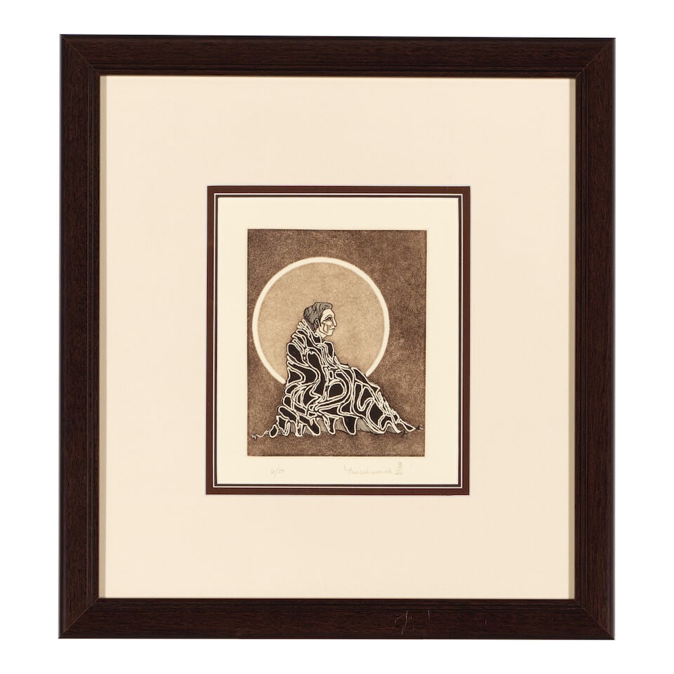 A Helen Hardin print, 'Contemplation', 1980: Helen Hardin (Tsa-Sah-Wee-Eh) Santa Clara Pueblo/American, (1943-1984), 'Contemplation', 1980, aquatint on paper, edition 6 of 50, signed lower right, framed under Plexiglas. size (paper) 9 1/2 x