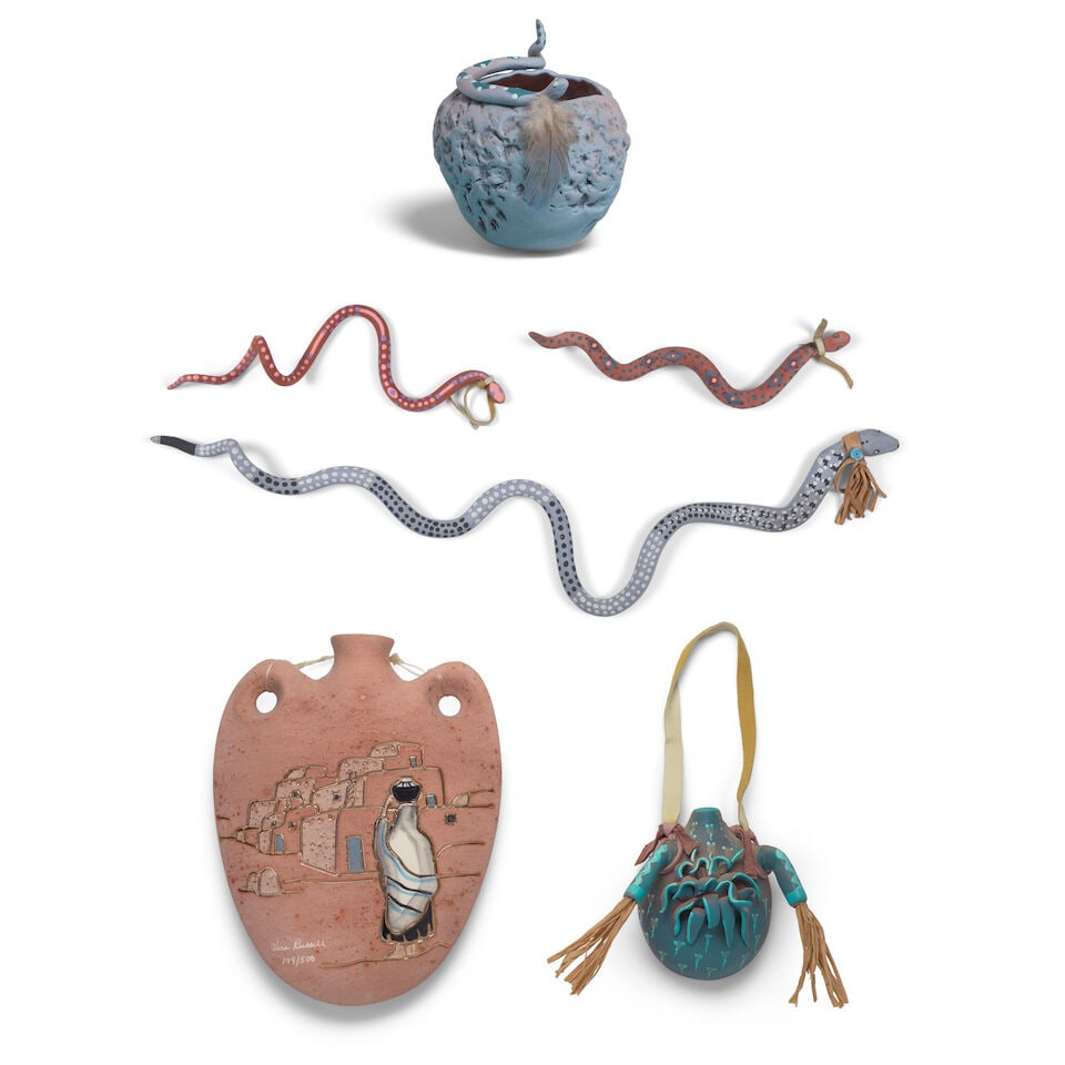 A group of modern Southwest pottery items: 3 snakes; 2 petite vessels; wall canteen (1 of 1)