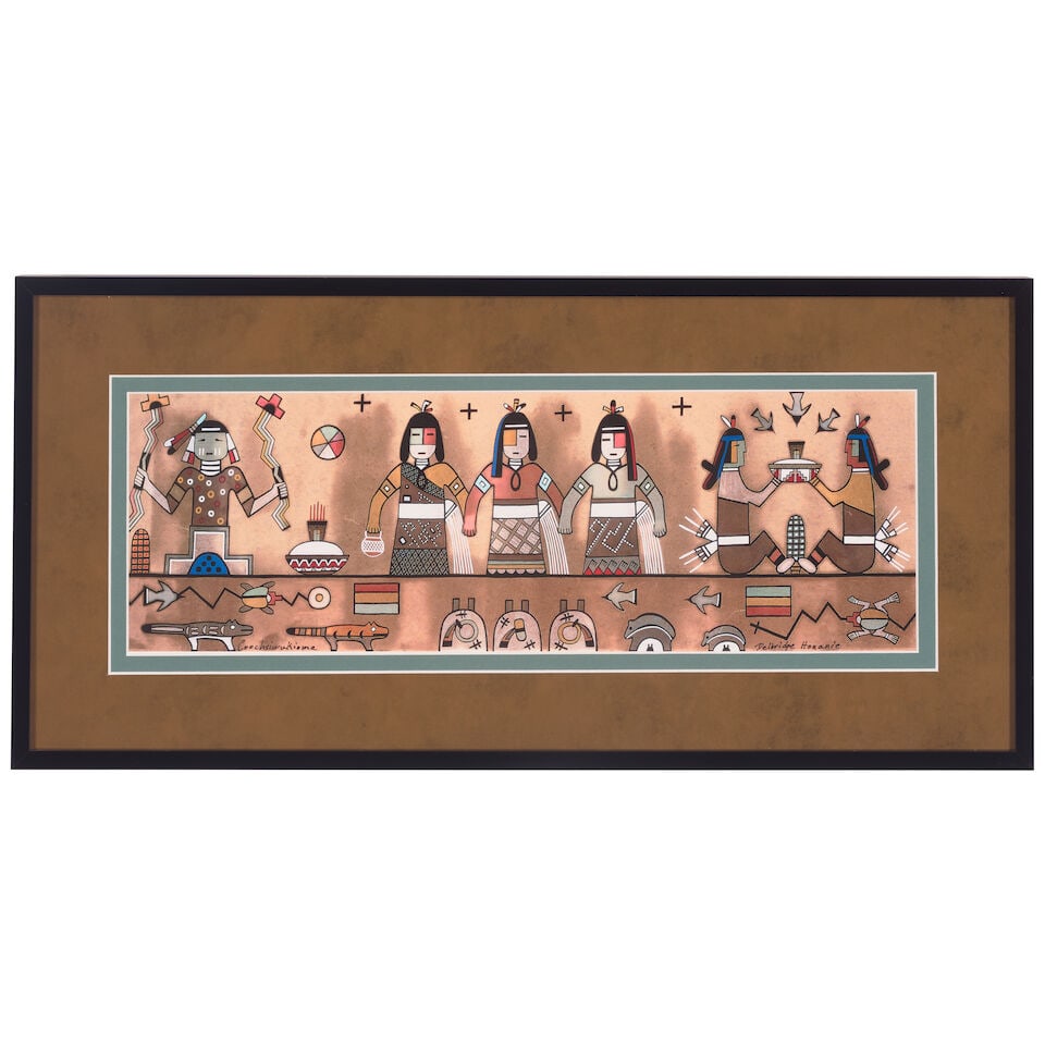 A Delbridge Honanie artwork: Delbridge Honanie (Coochsiwukioma) Hopi, (1946-2017), Untitled, depicting stylized ceremonial scenes, photomechanical print on paper, framed under Plexiglas. size (sight) 5 1/2in x 16 3/4in; size as f