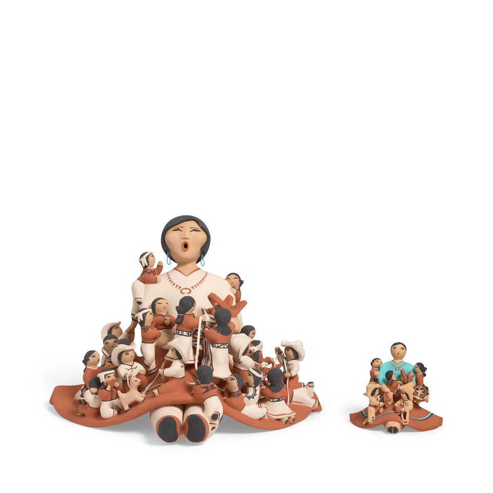Two Rose Pecos-Sun Rhodes pottery storyteller sculptures: Rose Pecos-Sun Rhodes Jemez Pueblo, (b. 1956), two pottery storyteller sculptures, one a large-scale tableau with 25 girls and boys engaged in a variety of activities surrounding the narrator, togethe