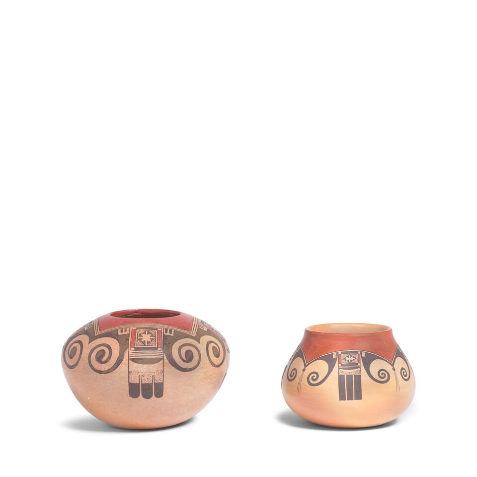Two Nampeyo family pottery jars: Fannie Nampeyo and Dextra Quotskuyva Nampeyo Hopi, (1900-1987) and (1928-2019), two polychrome pottery jars, each worked with abstract avian motifs and geometric designs, the first signed on the