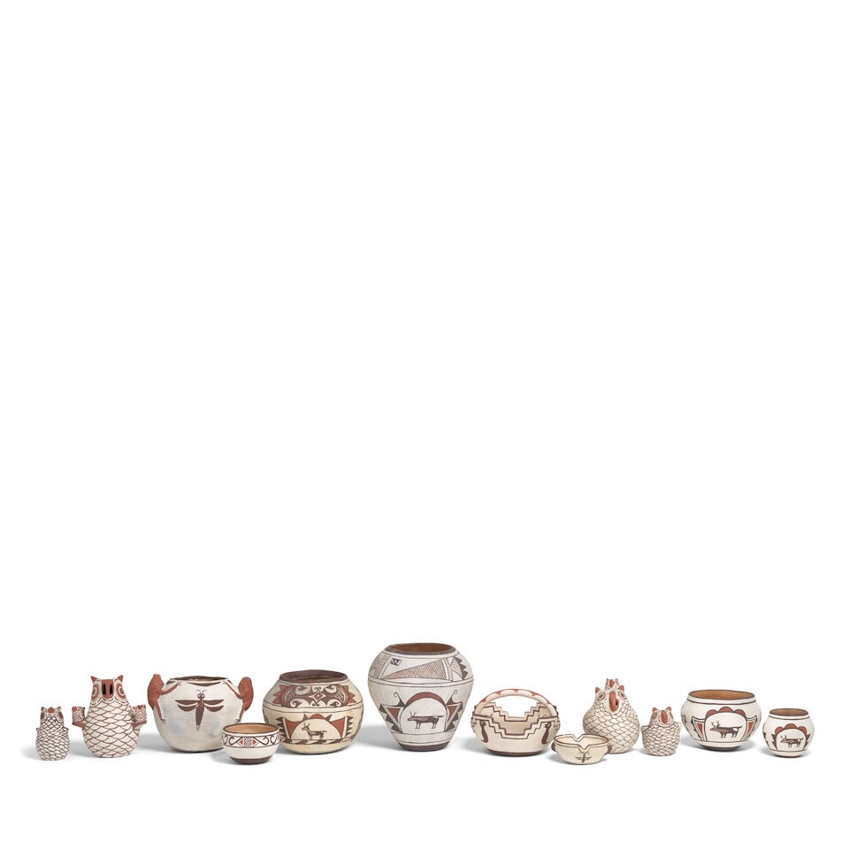 Twelve Nellie Bica polychrome pottery items: Nellie Bica Zuni, (1905-1998), including four owls and eight vessels of various forms. height of owls: 5 1/2 - 3 1/4in; diameter of vessels: 7 1/4 - 3 1/4in For further information on this lot please