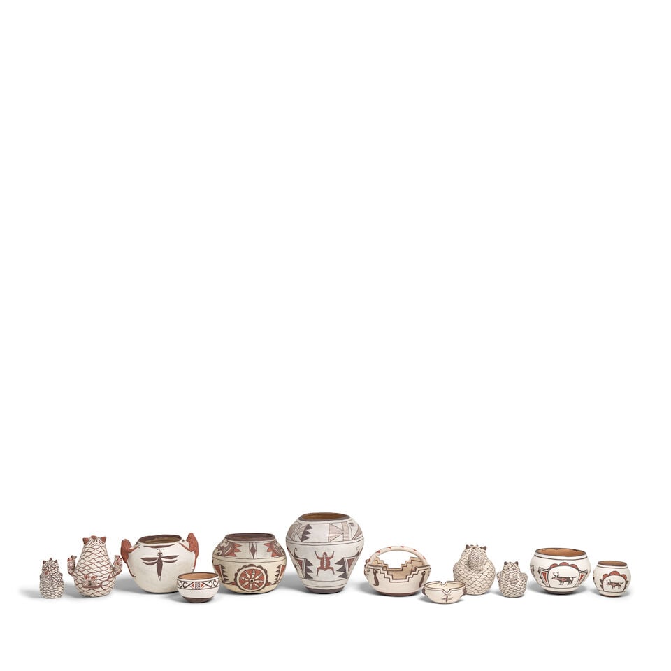Twelve Nellie Bica polychrome pottery items - 2