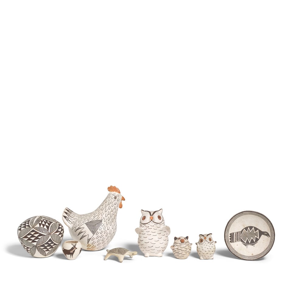 Eight Marie Z. Chino pottery objects: Marie Z. Chino Acoma Pueblo, (1907-1982), eight pottery objects, including two jars and a dish, a tortoise, three owls and a chicken. Chicken: height 7in, length 6 3/8in This lot is subject to the