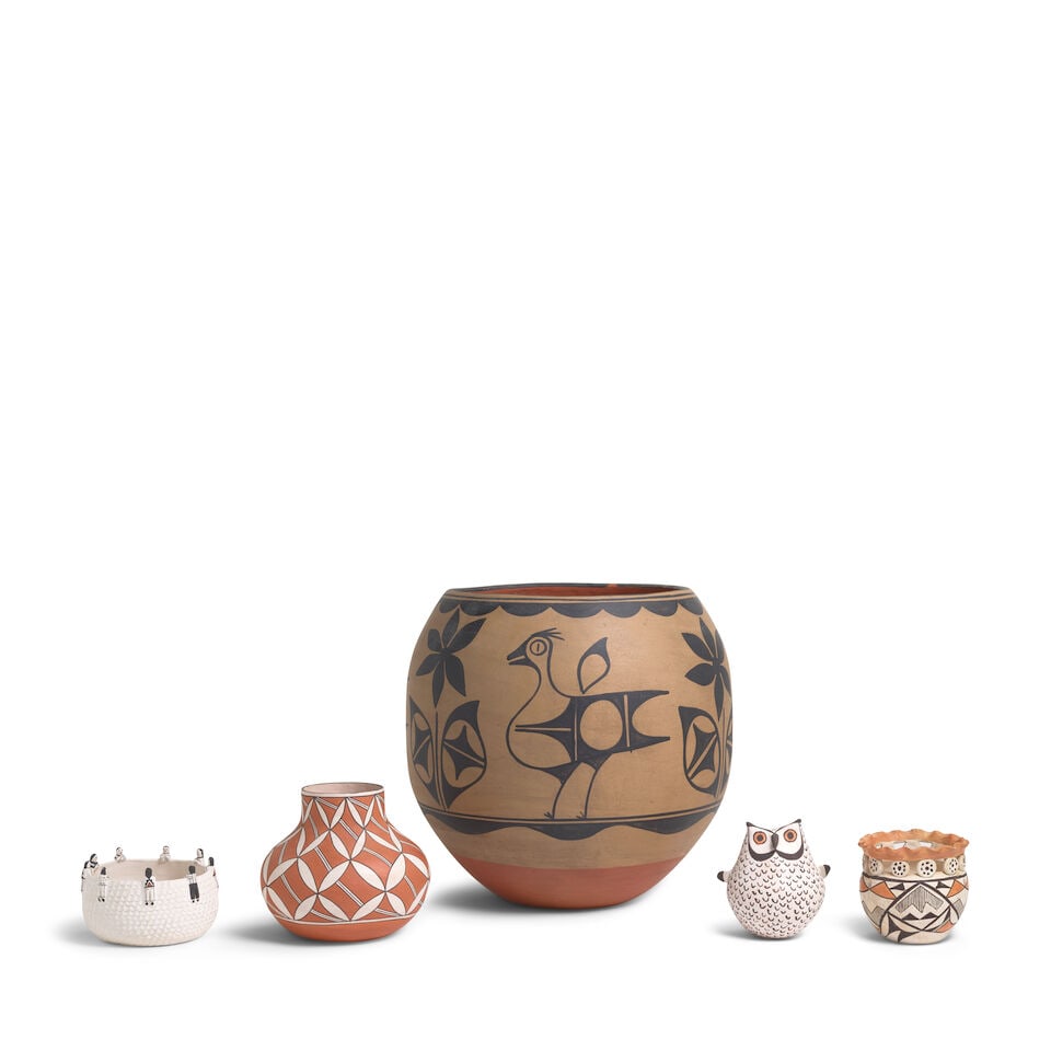Five modern Pueblo pottery objects: Five modern Pueblo pottery objects Including: an Acoma polychrome jar with openwork rim, diameter 4 1/4in; a Lee Ann Cheromiah (Laguna, 20th/21st century) vase, diameter 6 1/2inin; a large Vidal