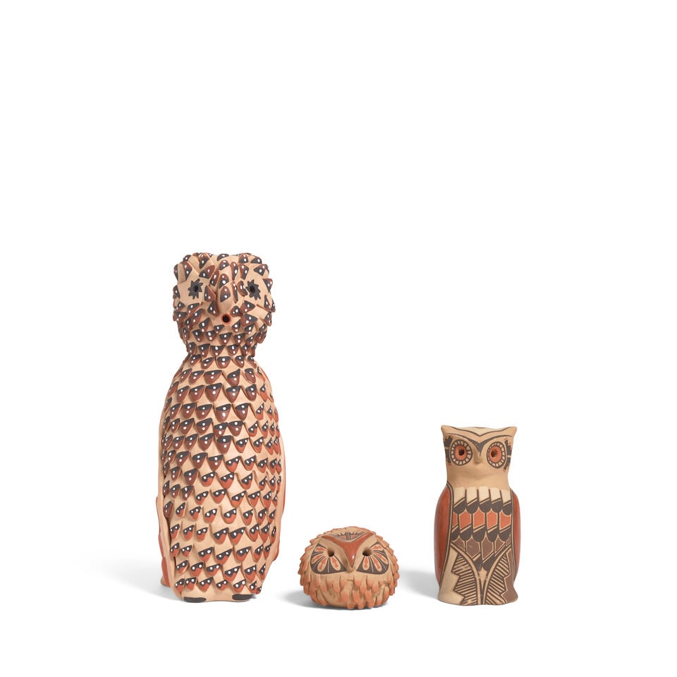 Three Jemez pottery owls: Three Jemez pottery owls The tallest by Felicia Fragua, (b. 1964); a petite example, dated 7/84, by Laura Gachupin, (b. 1954); the third signed 'P.M. Gachupin' (Persingula M. Gachupin,