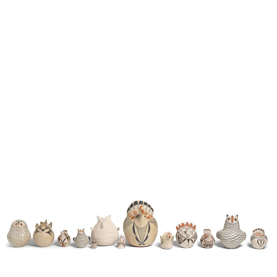 A collection of twelve Acoma pottery birds (1 of 2)