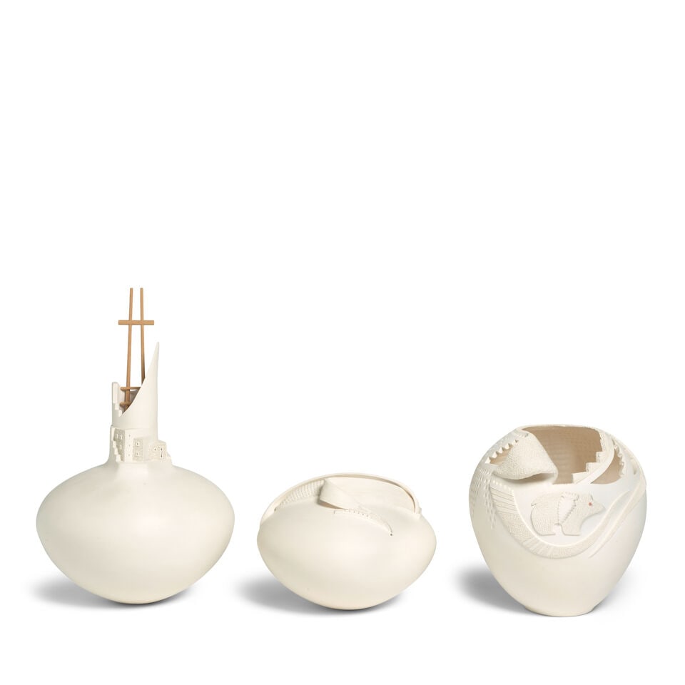 Three Wilford Garcia pottery vessels: Wilford Garcia Acoma, (1954 - 2018), three pottery vessels, one with khiva element, another with corn motif, the last with openwork elements and a central bear design. height (respectively) 15 3/4, 6