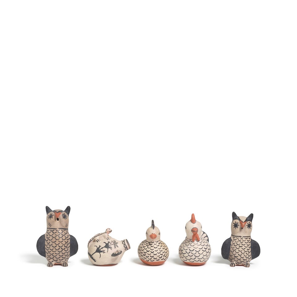 Five Seferina Ortiz pottery objects: Seferina Ortiz Cochiti, (1931-2007), five pottery items, including two owls, two chickens, and a petite canteen. greatest height 5in For further information on this lot please visit Bonhams.com For