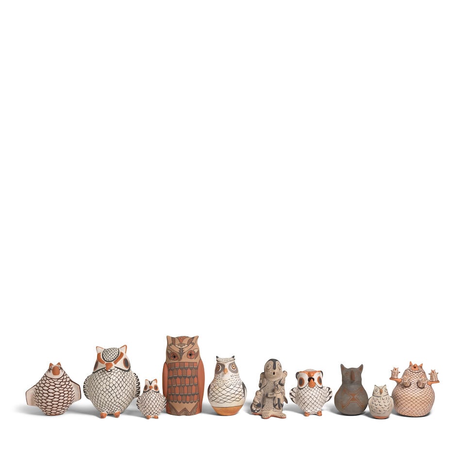 Ten modern Pueblo pottery owls: Ten modern Pueblo pottery owls Including examples from Acoma, Zuni, Cochiti, Jemez and possibly other Pueblos. height 10 1/2 - 4 1/2in For further information on this lot please visit Bonhams.com For