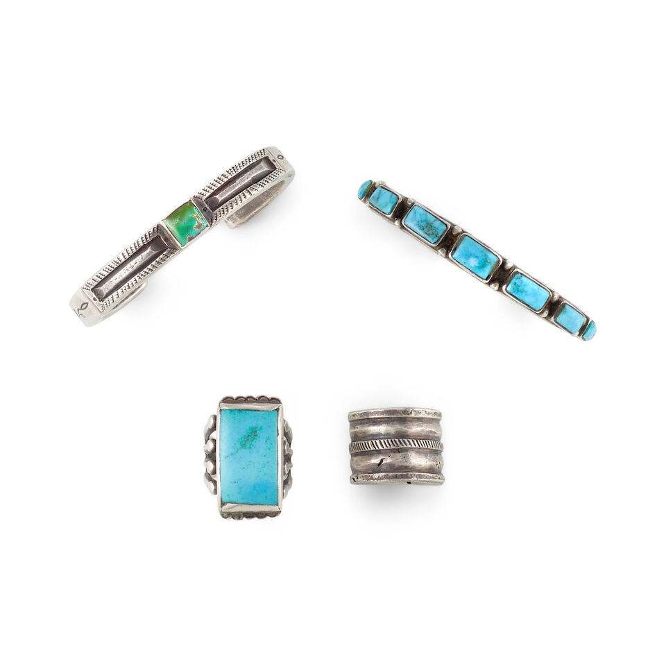 Four Jock Favour jewelry items: 2 bracelets and 2 rings: Jock Favour American, (b. 1947), four ingot coin silver adornments, each with 'JF' mark, including two bracelets, one set with a row of 7 turquoise cabochons, the other with solitary stone framed by