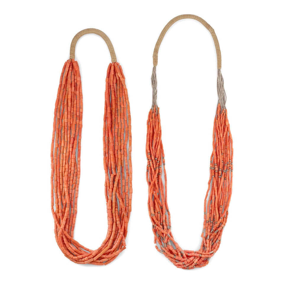 Two multi-strand Pueblo coral bead necklaces (1 of 1)