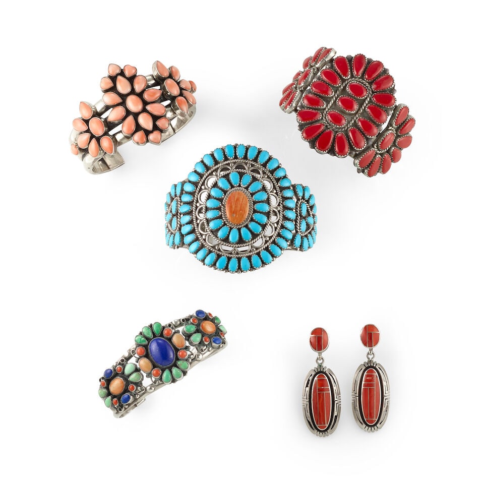 Five Southwest silver jewelry items: Five Southwest silver jewelry items Comprising a heavy Joe Piaso, Jr. (Diné) cuff bracelet set with clusters of pink turquoise, a turquoise and spiny oyster cluster cuff by Larry Moses Begay