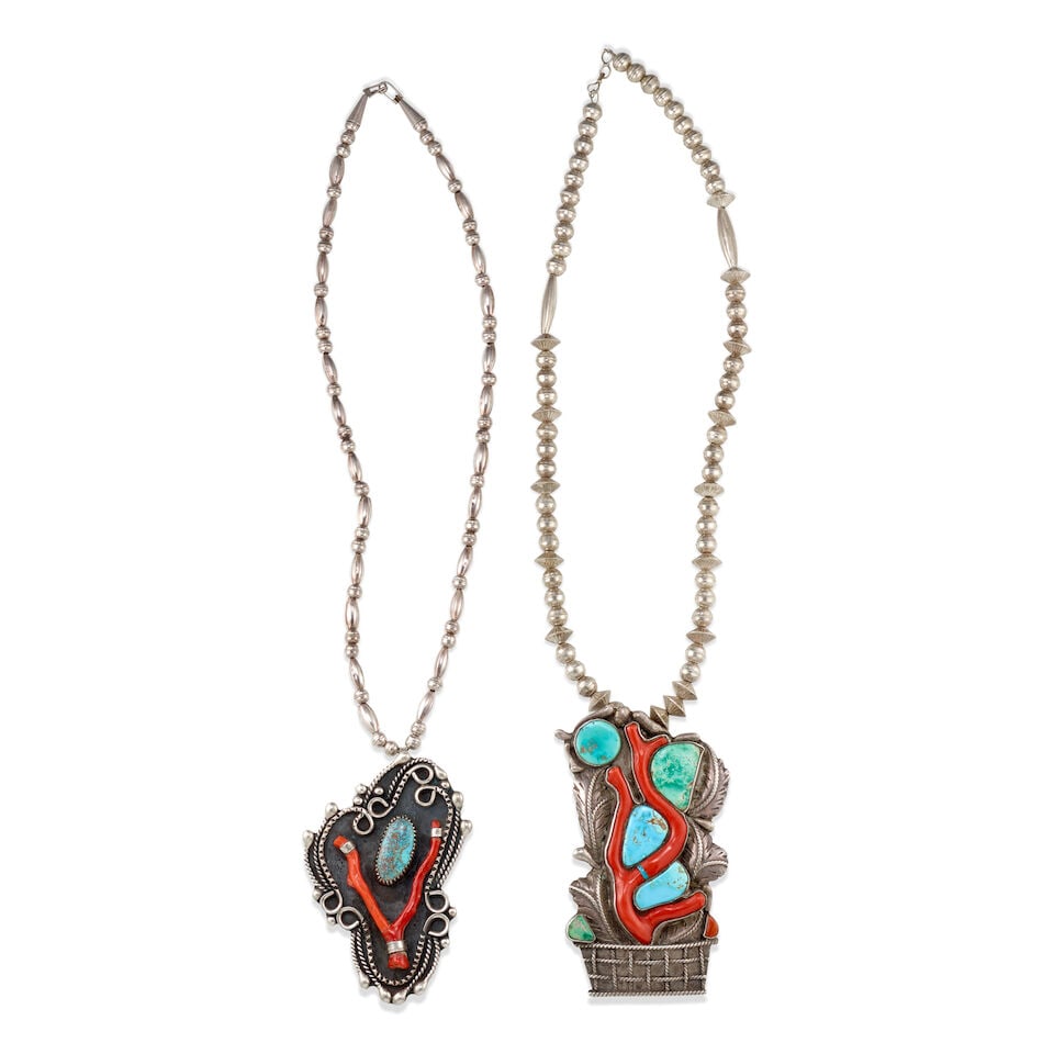 Two Zuni or Diné (Navajo) silver, branch coral and turquoise necklaces (1 of 1)
