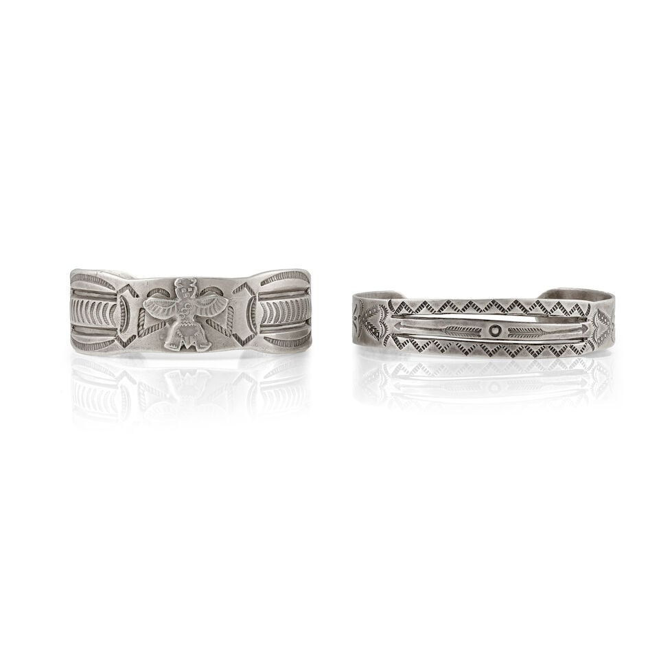 Two Fred Harvey era Diné (Navajo) silver cuff bracelets (1 of 3)