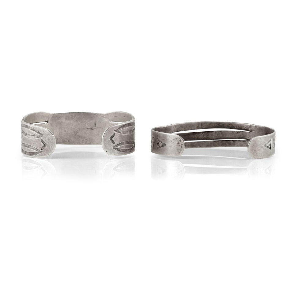 Two Fred Harvey era Diné (Navajo) silver cuff bracelets - 2