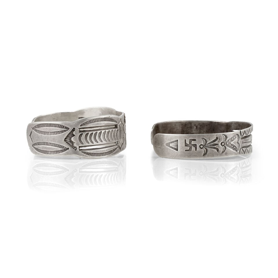 Two Fred Harvey era Diné (Navajo) silver cuff bracelets - 3