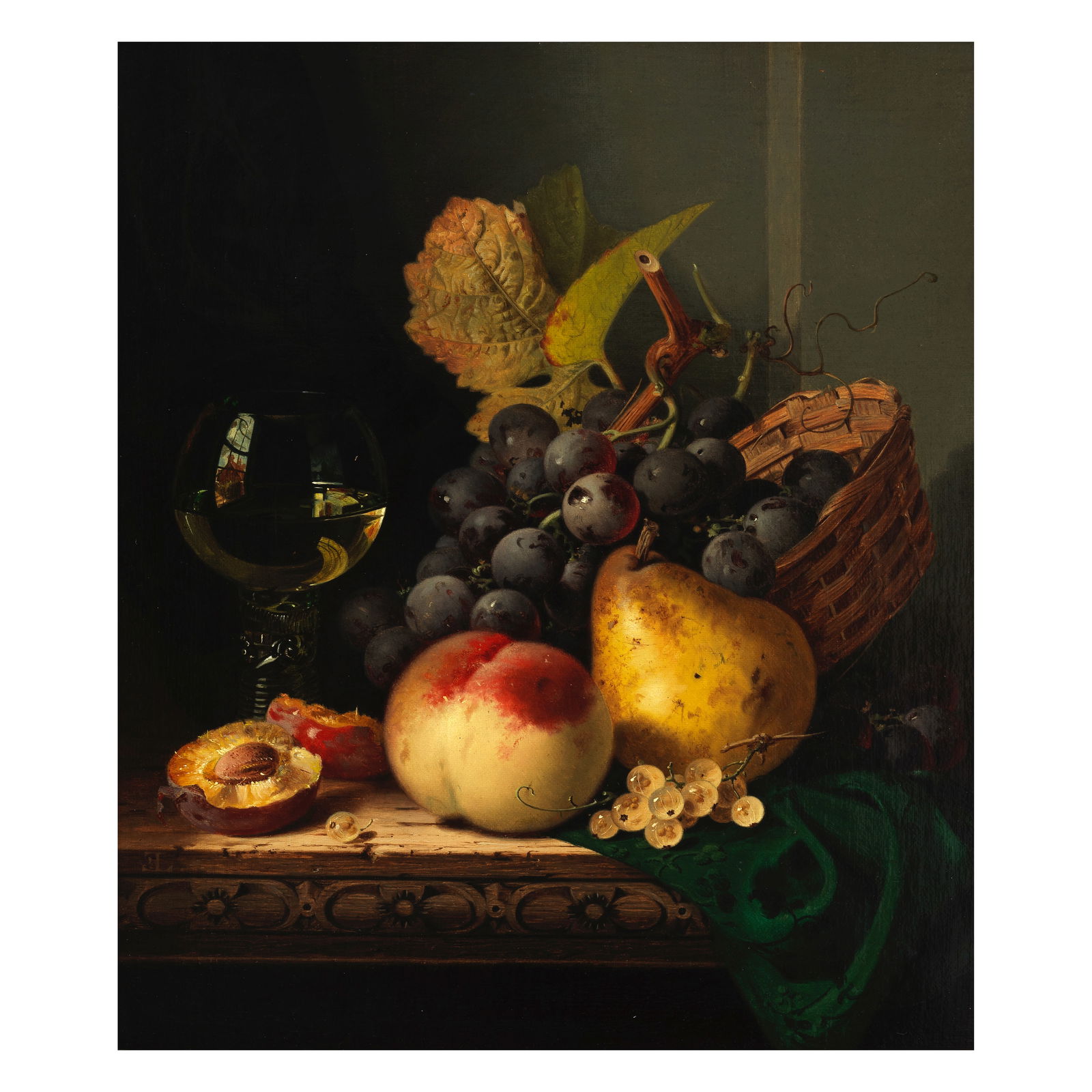 Edward Ladell (British, 1821-1886) Still life with a peach, pear, plums, grapes and a goblet of ... (1 of 1)