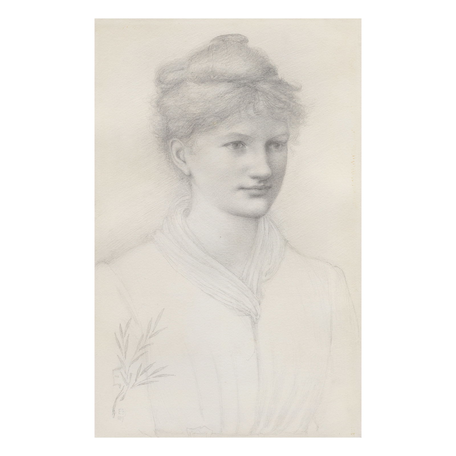 Sir Edward Coley Burne-Jones, Bt., ARA, RWS (British, 1833-1898) Portrait of Elsie Yorke: Sir Edward Coley Burne-Jones, Bt., ARA, RWS (British, 1833-1898) Portrait of Elsie Yorke signed with initials and dated 'EBJ/1889' with sitter's initials in an olive branch (lower left) pencil on pape