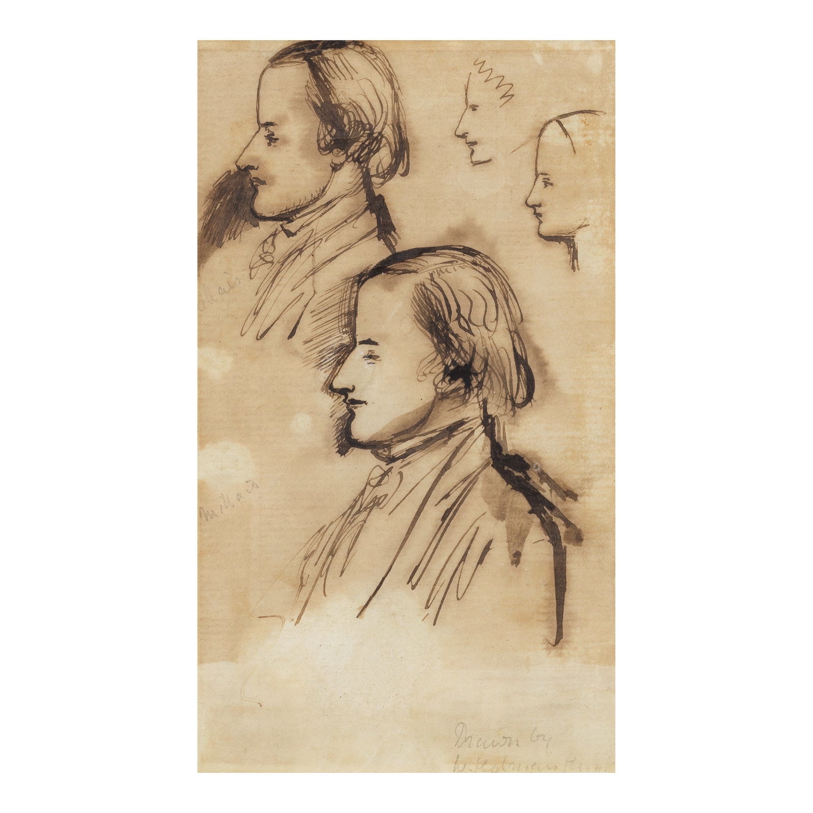 Three sketches of Pre-Raphaelite Brotherhood interest: Three sketches of Pre-Raphaelite Brotherhood interest I) William Holman Hunt, ARSA, RWS, OM (British, 1827-1910) Two portrait studies of the head of John Everett Millais inscribed by Frederic George S