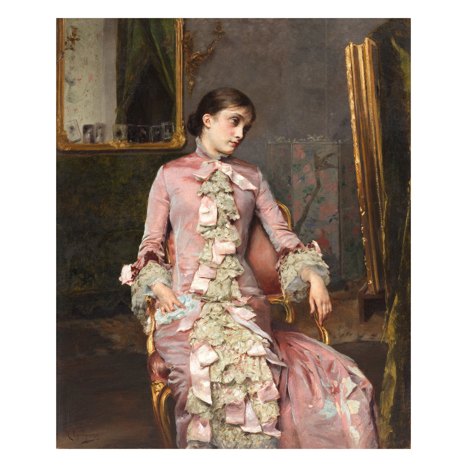 Rogelio de Egusquiza Barrena (Spanish, 1845-1915) Lady in pink: Rogelio de Egusquiza Barrena (Spanish, 1845-1915) Lady in pink signed 'R. Egusquiza' (lower left) oil on canvas 65.5 x 54.3cm (25 13/16 x 21 3/8in). Footnotes: Provenance Anon. s