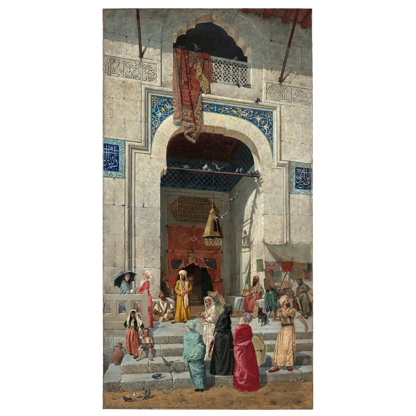Osman Hamdi Bey (Turkish, 1842-1910) Cami Kapisinda (At the Mosque Door) (Click here to view the...: Osman Hamdi Bey (Turkish, 1842-1910) Cami Kapisinda (At the Mosque Door) signed and dated 'OHamdy Bey./Constantinople/1891' (lower left) oil on canvas 208 x 109cm (81 7/8 x 42 15/16in).