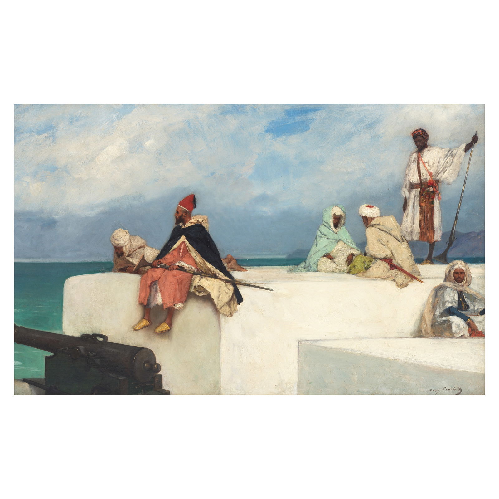 Jean Joseph Benjamin-Constant (French, 1845-1902) On the roofs: Jean Joseph Benjamin-Constant (French, 1845-1902) On the roofs signed 'Benj Constant' (lower right) oil on canvas 61.5 x 100.5cm (24 3/16 x 39 9/16in). Footnotes: Provenance The