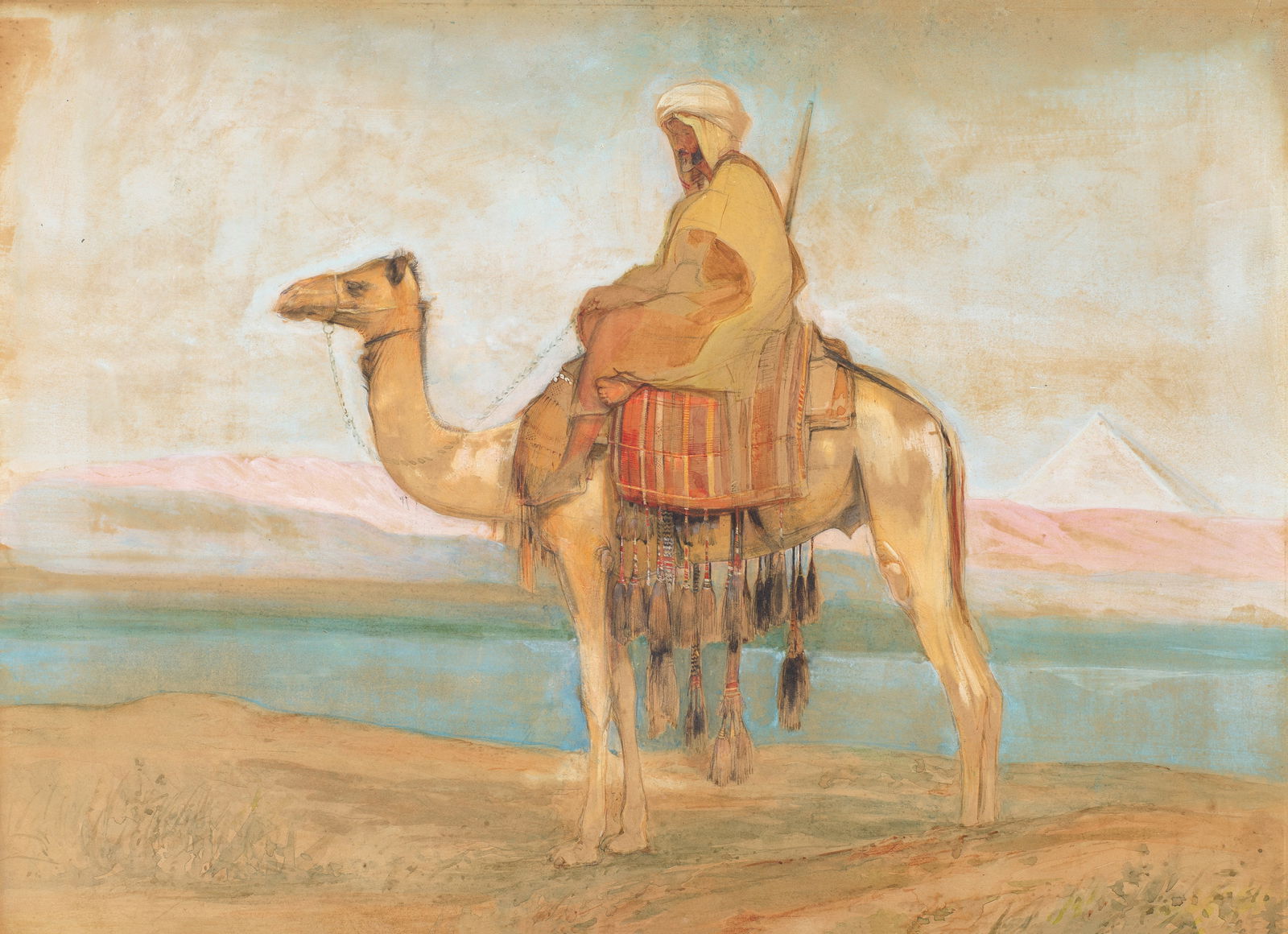 John Frederick Lewis, RA, POWS (British, 1804-1876), and studio Study of a Bedouin and camel: John Frederick Lewis, RA, POWS (British, 1804-1876), and studio Study of a Bedouin and camel watercolour over traces of pencil heightened with white 32.8 x 44.8cm (12 15/16 x 17 5/8in). Footnotes:
