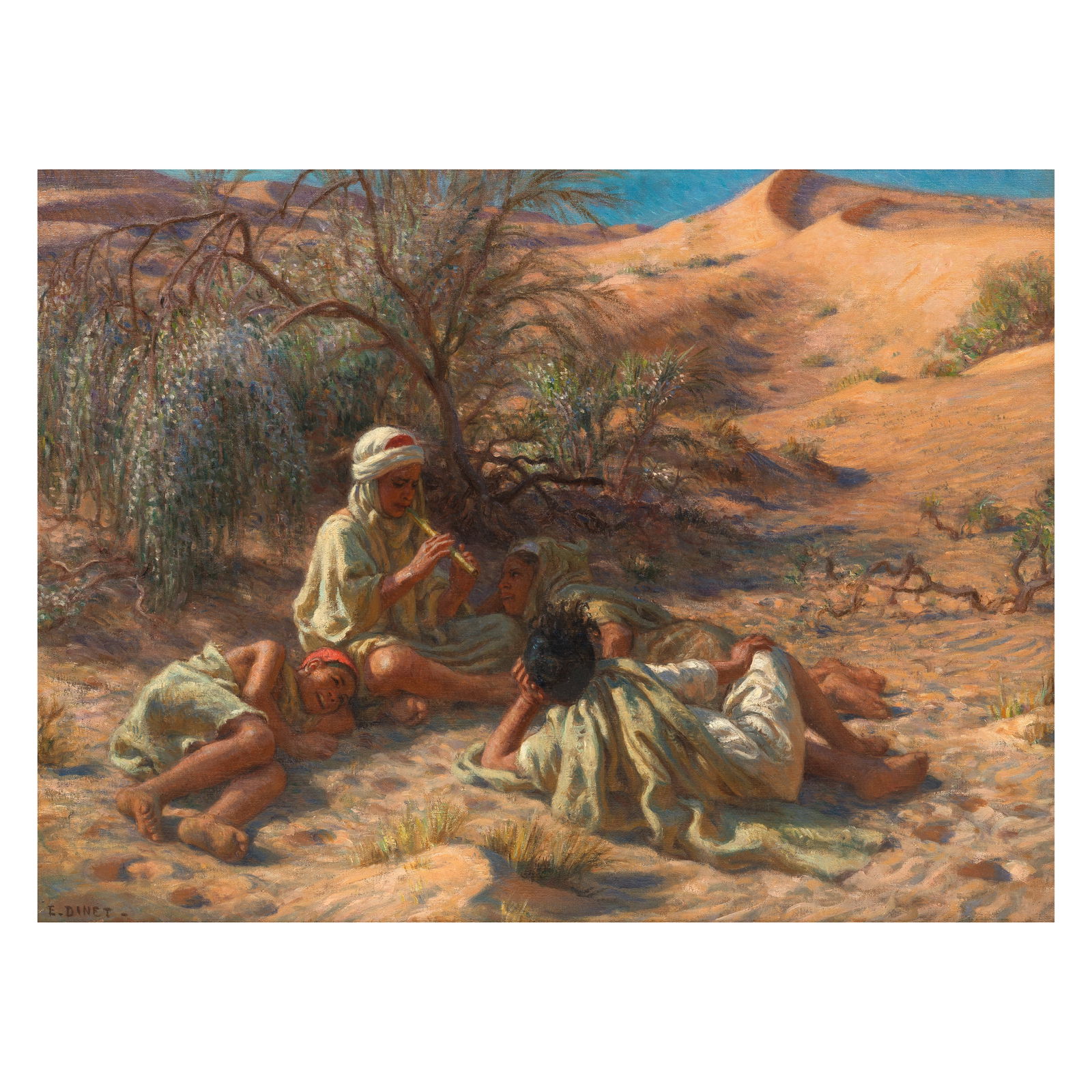 Alphonse Etienne Dinet (French, 1861-1929) Trois jeunes berbères couchées ecoutant une...: Alphonse Etienne Dinet (French, 1861-1929) Trois jeunes berbères couchées ecoutant une quatrieme assise jouant de la flute signed 'E.DINET' (lower left) oil on canvas 54.5 x 73.5cm (21 7/16