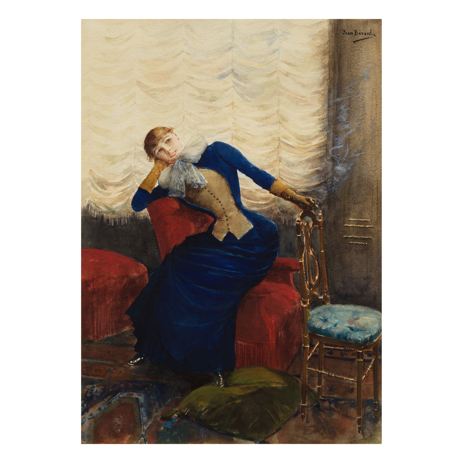 Jean Béraud (French, 1849-1935) La cigarette: Jean Béraud (French, 1849-1935) La cigarette signed 'Jean Béraud' (upper right); bears title (in pencil on the reverse) watercolour and gouache 43.8 x 31cm (17 1/4 x 12 3/16in). Footnotes: