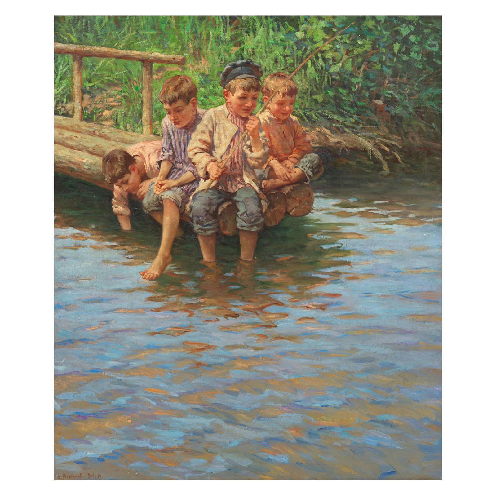 Nikolai Petrovich Bogdanov-Bel'sky (1868-1945) Boys fishing: Nikolai Petrovich Bogdanov-Bel'sky (1868-1945) Boys fishing signed in Cyrillic 'Bogdanov-Belsky' (lower left) oil on canvas 125 x 105cm (49 3/16 x 41 5/16in). Footnotes: Provenance